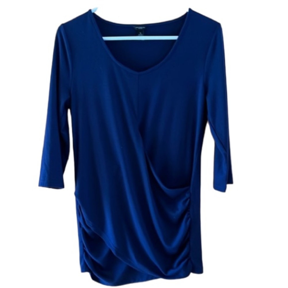 ANN TAYLOR FACTORY MOCK WRAP CAREER BLOUSE 3/4 SLEEVE SCOOP NECKLINE NAVY MEDIUM